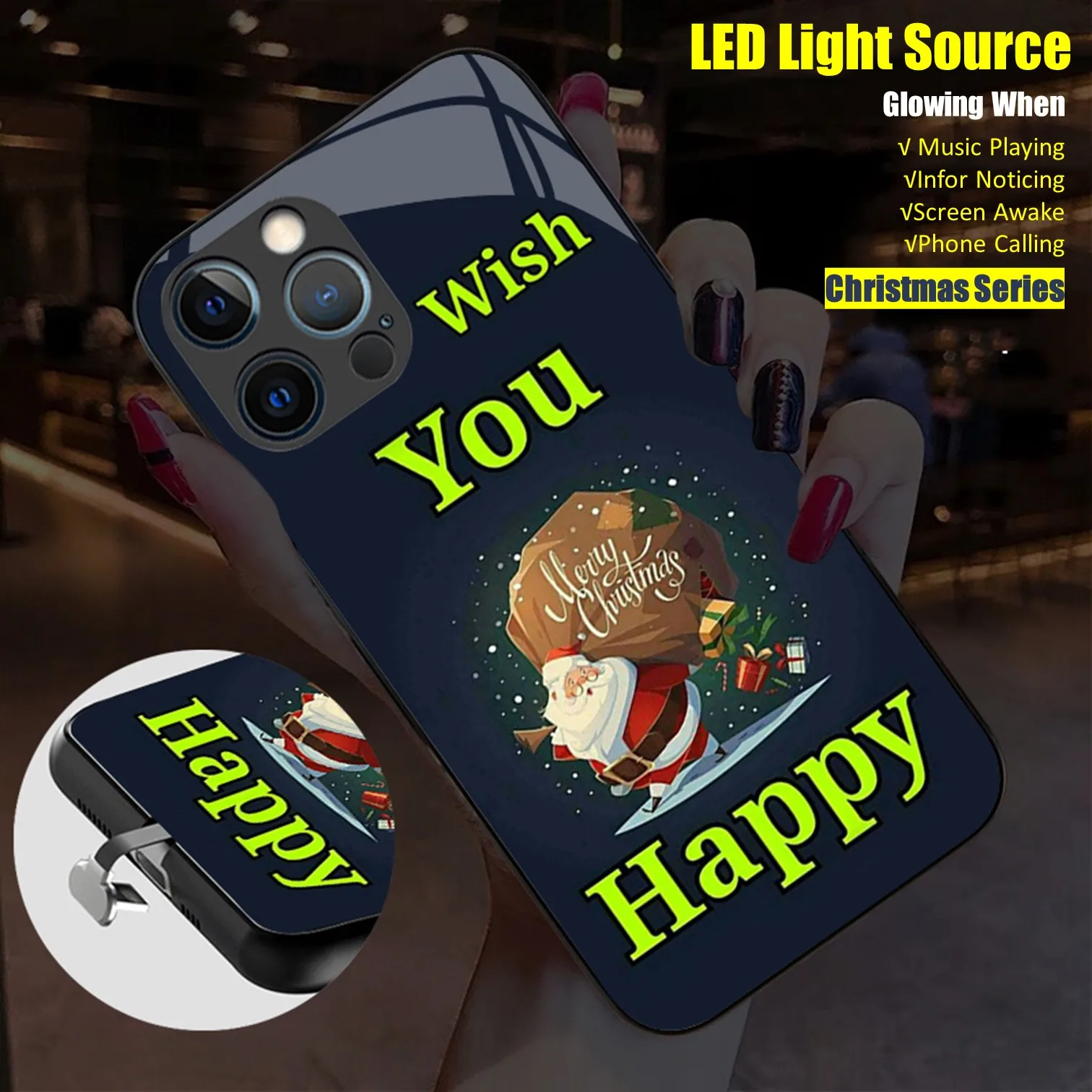 

Christmas Colorful LED Light Glowing Luminous Tempered Glass Phone Case for OPPO Reno 4 5 6 7 8 9 10 Find X5 Pro Plus Cover