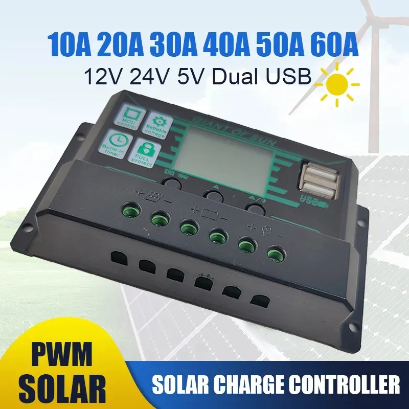 

10A 20A 30A 40A PWM Solar Charge Controller 12V 24V PV Regulator+LCD Display Dual Port Controller for Lead-Acid/Lithium Battery