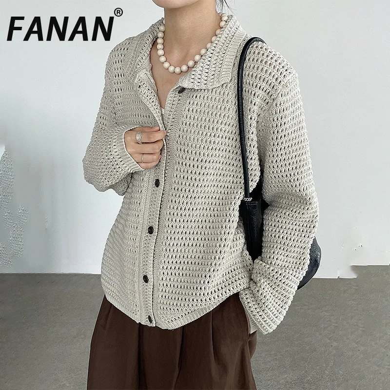 

FANAN Minimalism Hollow Out Knitting Cardigan Sweater Women's Lapel Single Breasted Fashion Warm Loose Coats 2025 Winter New