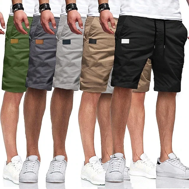 Men Solid Color Casual Shorts Drawstring Elastic Waist Small Label Decoration Lightweight  Length Daily Outdoor Walking Shorts