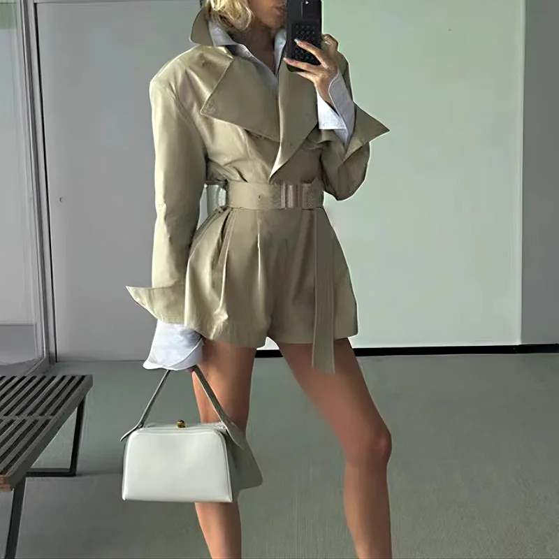 2025 New Autumn Winter Solid Color Belted Double Breasted Polo Neck Jumpsuit Women