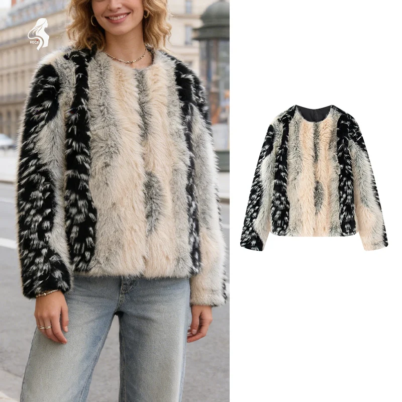 

Women's Faux Fur Jacket - Multicolor Striped Pattern, Long Sleeve Crew Neck, Warm & Stylish Winter Outerwear