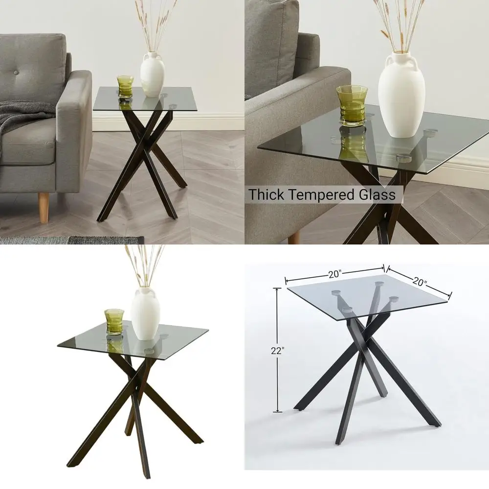 

Modern Grey Tempered Glass Top Side Table with Black Metal Legs and Gold Accents, 20x20x22