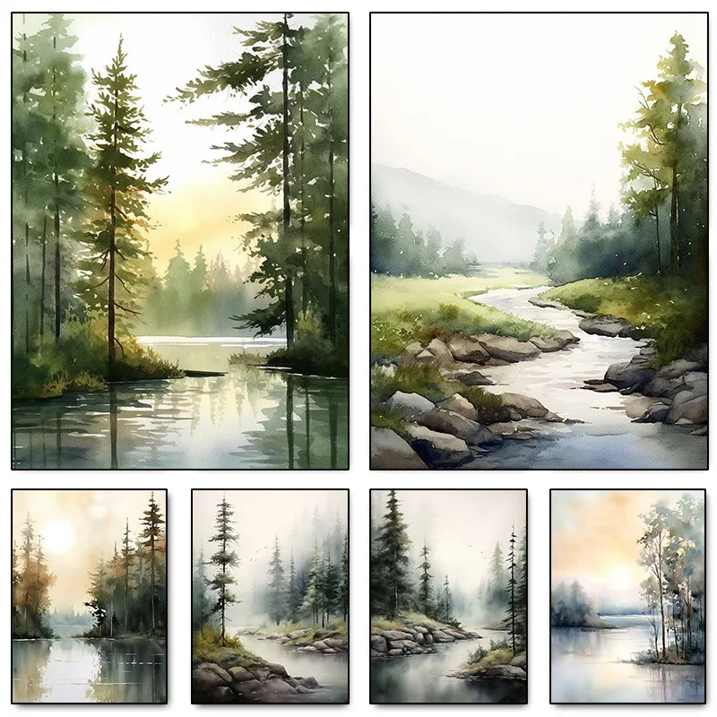Forest Lake Watercolor Abstract Landscape Art Poster Mountain Evergreen Tree Pine Canvas Painting Living Room Log House Decor
