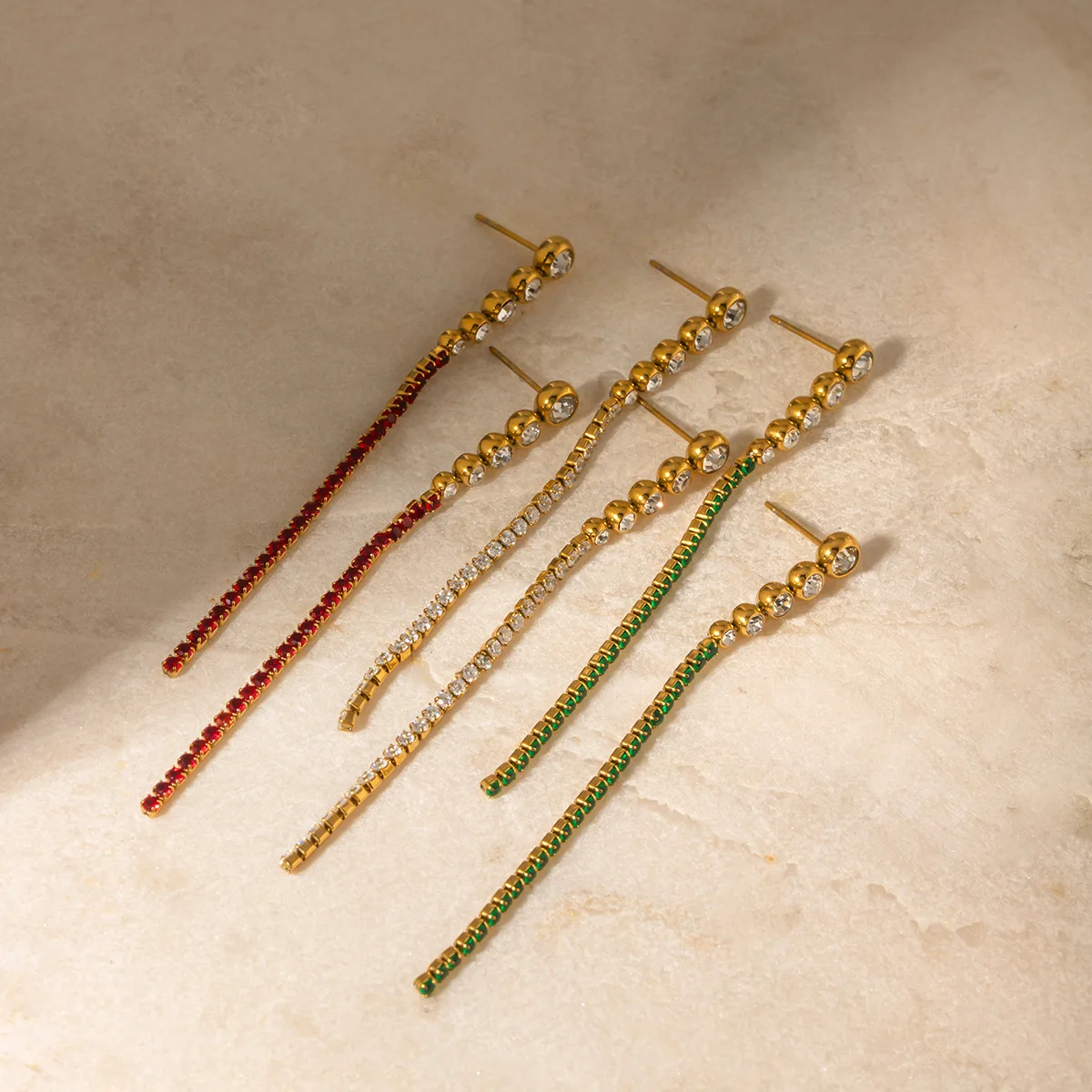 

Stainless Steel PVD 18K Gold Plated Tarnish Colorful Crystal Long Tassel Drop Earrings For Woman Jewelry Wholesale Summer Trendy
