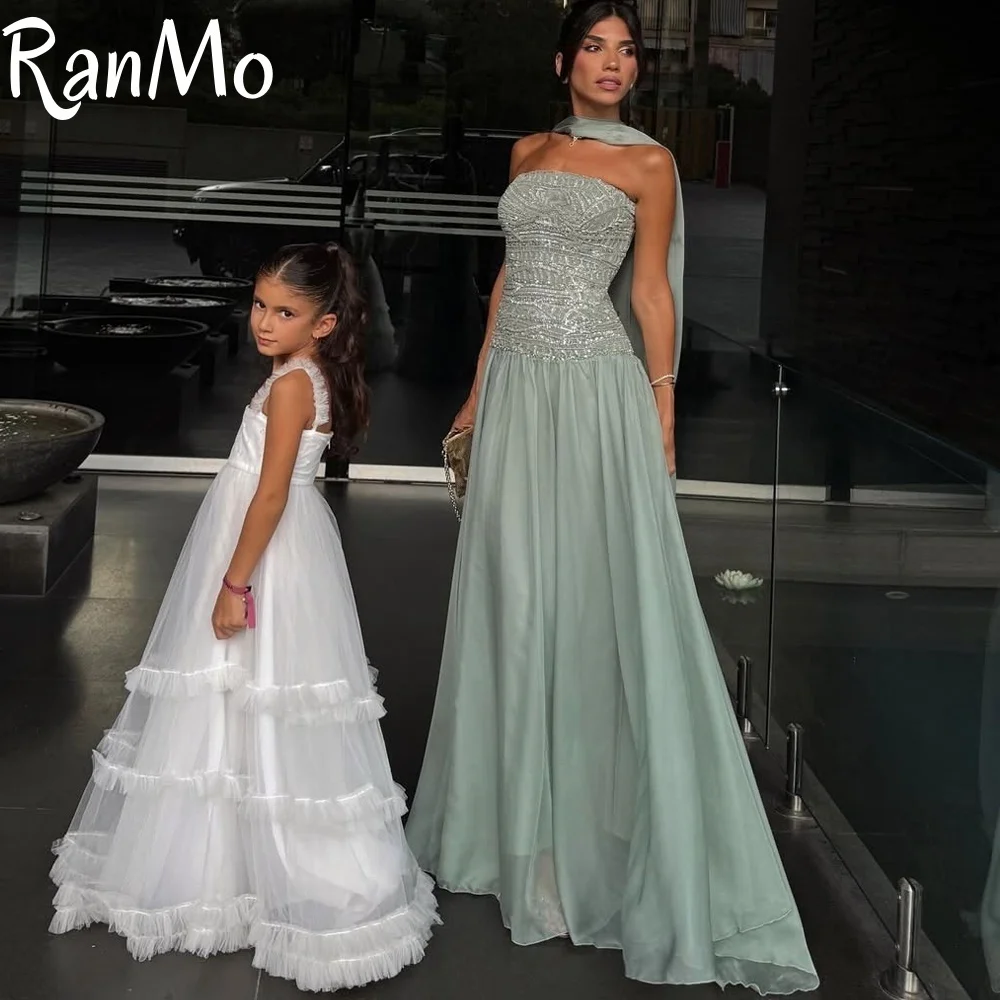 فستان سهرة جديد بدون حمالات مطرز سباركلي على شكل حرف a من Ranmo وشاح من Fساتين Shres مخصص بطيات فستان حفلات فاخر بدون أكمام