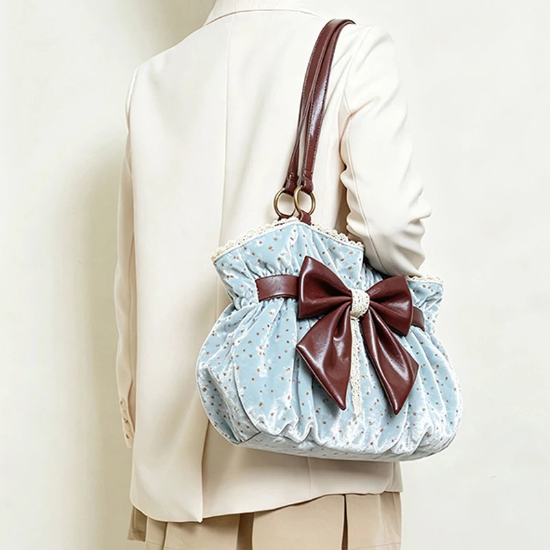 Große Umhängetasche mit Schleife und Polka-Dot-Muster, Samt-Textur, koreanische Damen-Umhängetasche, Y2k Lolita Mädchen Süße Vintage Uniform Tragetasche – Detail 8