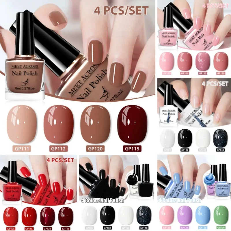 4Pcs/Set 8ml Pink Brown Glass Bottle Gel Nail Polish Set NoWipe Top Soak Off UV LED Nail Lacquer Glitter Color Art Nail Polish