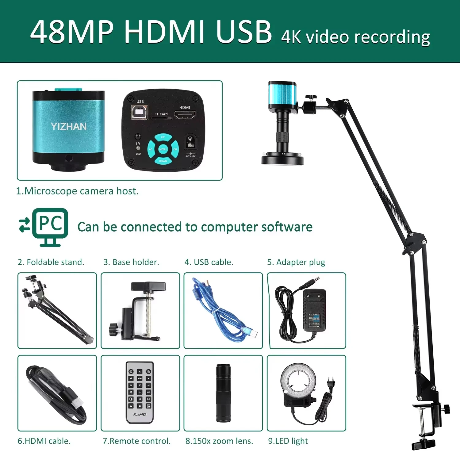 4K 150X Digitale Microscoop 48MP Videomicroscoop voor Elektronica HDMI Type-C USB 13MP VGA Industriële Camera voor PCB-inspectie