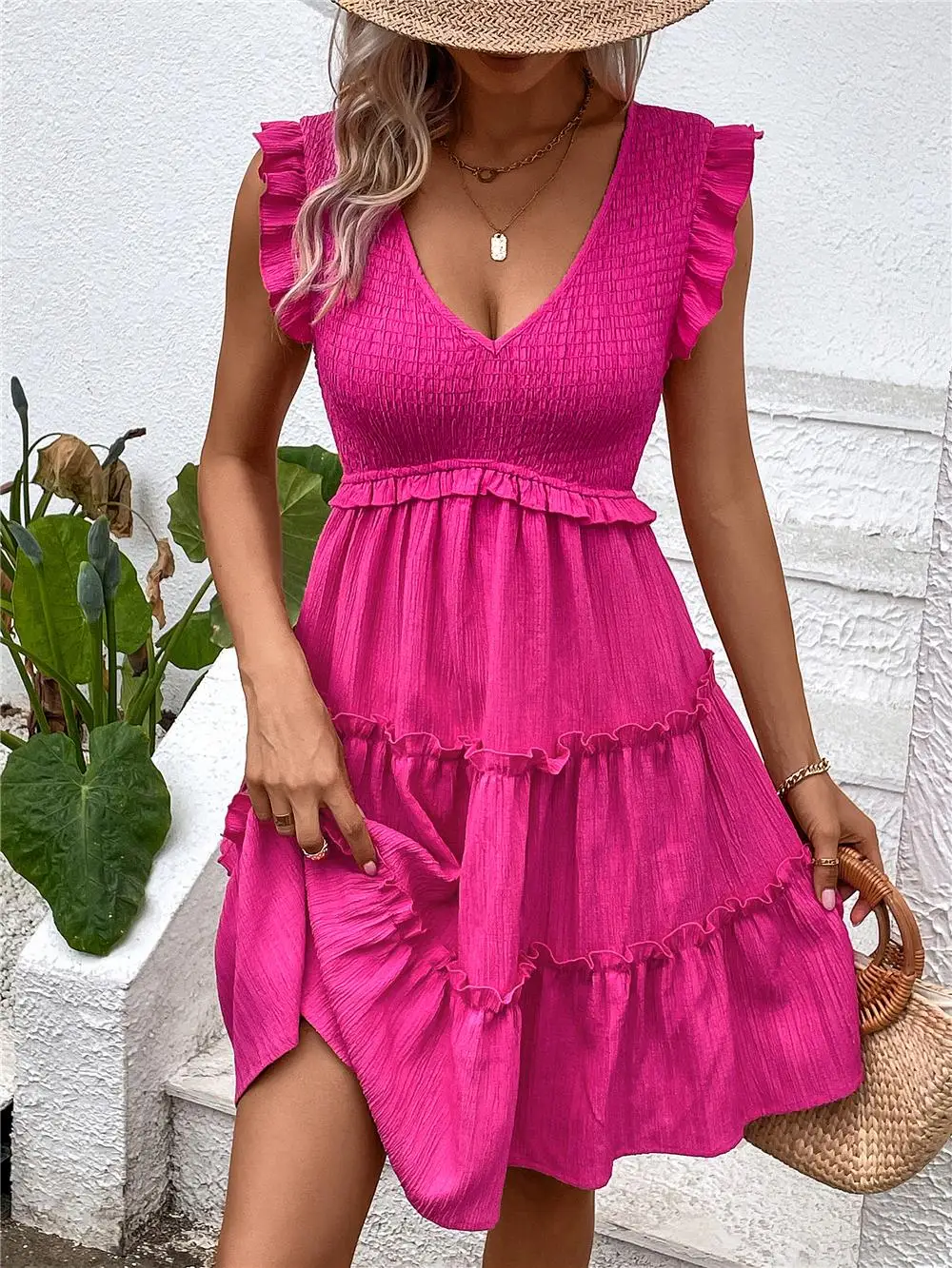 FICUSRONG Women Autumn Winter Fashion Soild Sleeveless Elegant V-neck Casual A-Line Knee-Length High Waist Dress