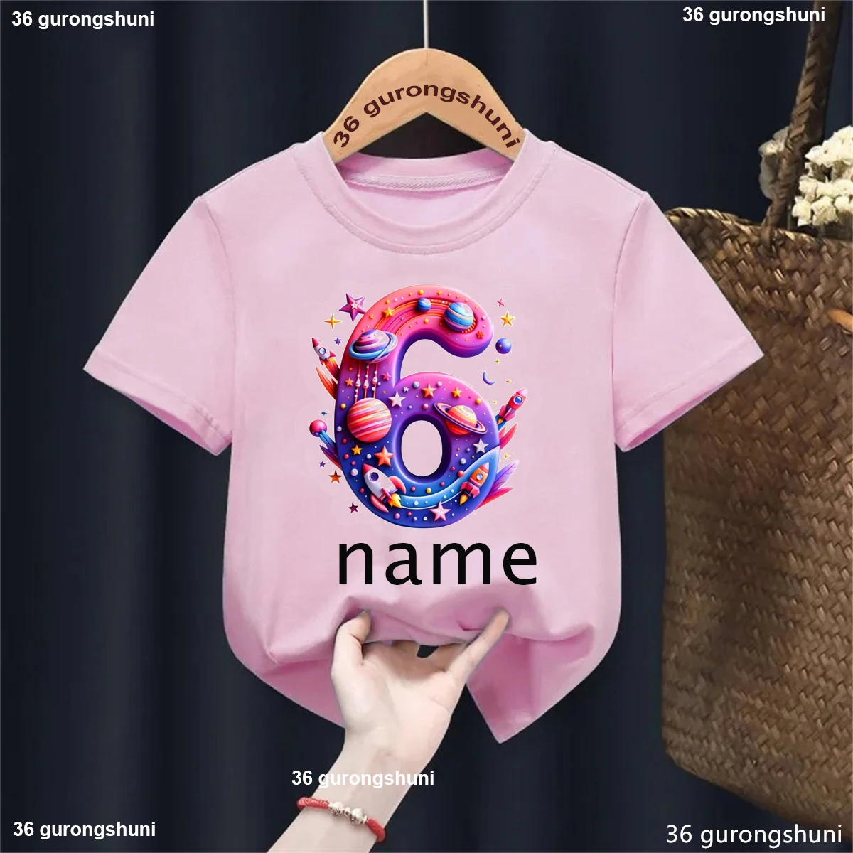 Custom Name 6th Birthday Gift Printed T Shirt Girls/Boys Astronaut Spacecraft Planet Tshirt Kawaii Kids Clothes Solid T-Shirt