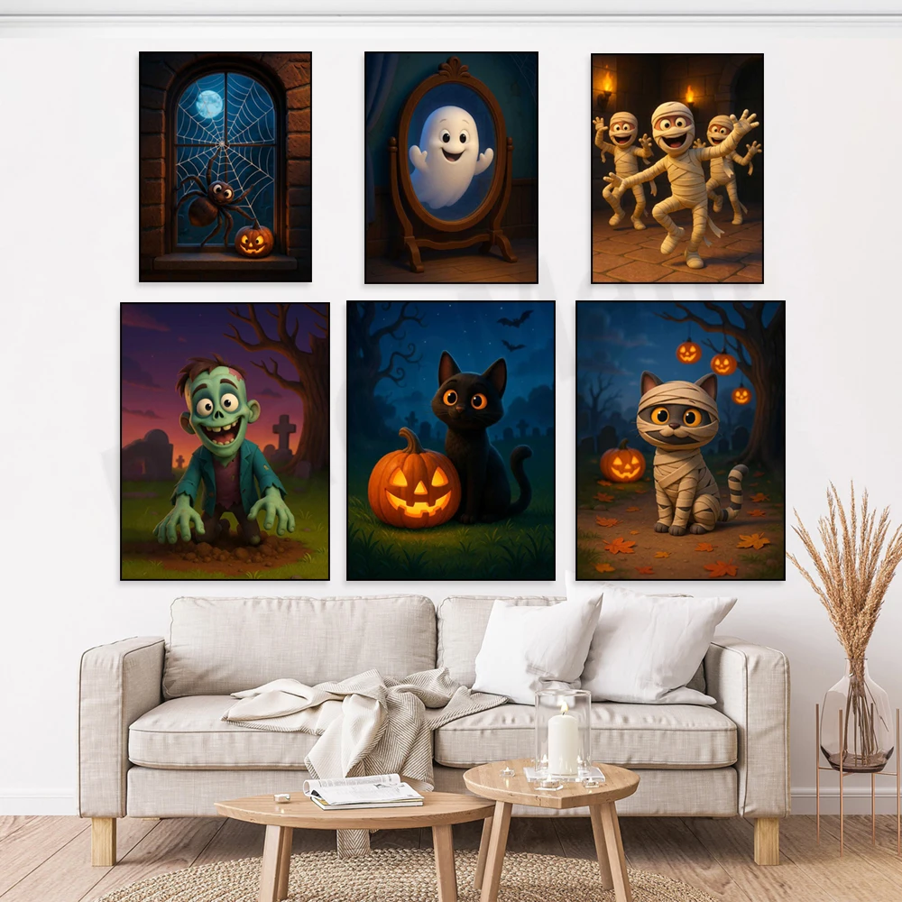 Halloween print, cute pumpkin, black cat, spider web, mummy cat print, vampire, scary autumn pumpkin home decor poster