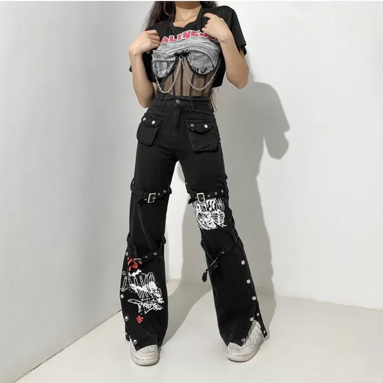 Denim Drape Trousers Street Cool Style 2024 Early Autumn European and American Design Printed Metal Buckle