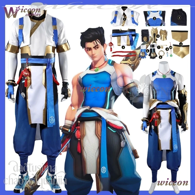 

COSC Wuyang Косплей Игра Owww Костюм Китайский Kongfu Боевая Униформа Брюки Синий Белый Костюм Реквизит Головные Уборы Хэллоуин Вечеринка 코스프레