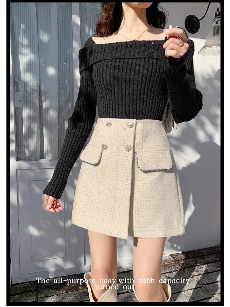 SMTHMA Beige Black Skirts For Women 2024 Faldas Mujer De Moda Vintage Tweed Vintage Jupe Vintage Korean Saia A-Line Mini Skirt