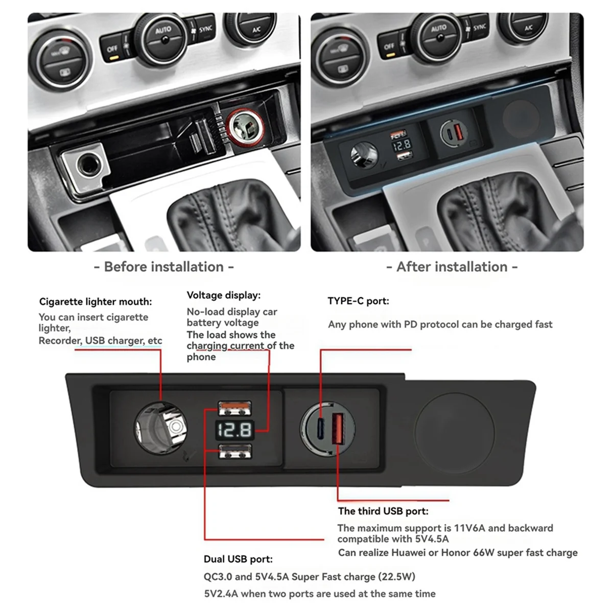 Car Charger for Passat B6 B7 CC R36 Cigarette Lighter Splitter USB Fast Charging 3A2C Type C