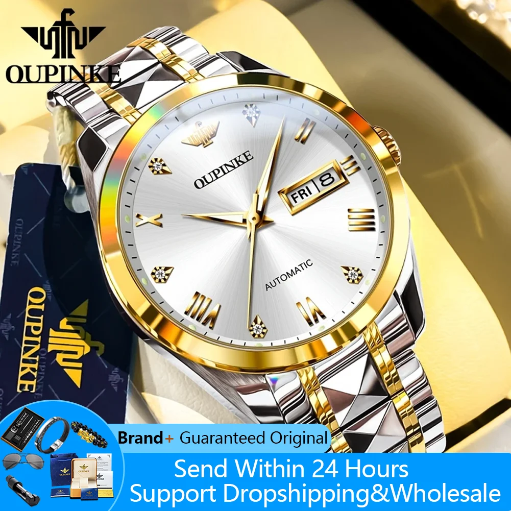 

OUPINKE 3171, автоматические часы для мужчин, двойной календарь, римская шкала, оригинальные механические наручные часы, роскошные деловые мужские деловые часы