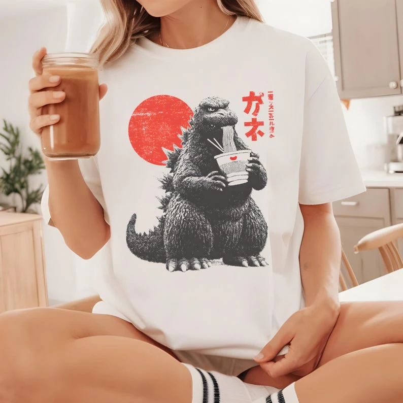 Funny Godzilla Vintage Print Cotton Short Sleeve T-Shirt Men Women Clothes Summer Short-Sleeve Casual Japanese Food Lover Gift - view 2