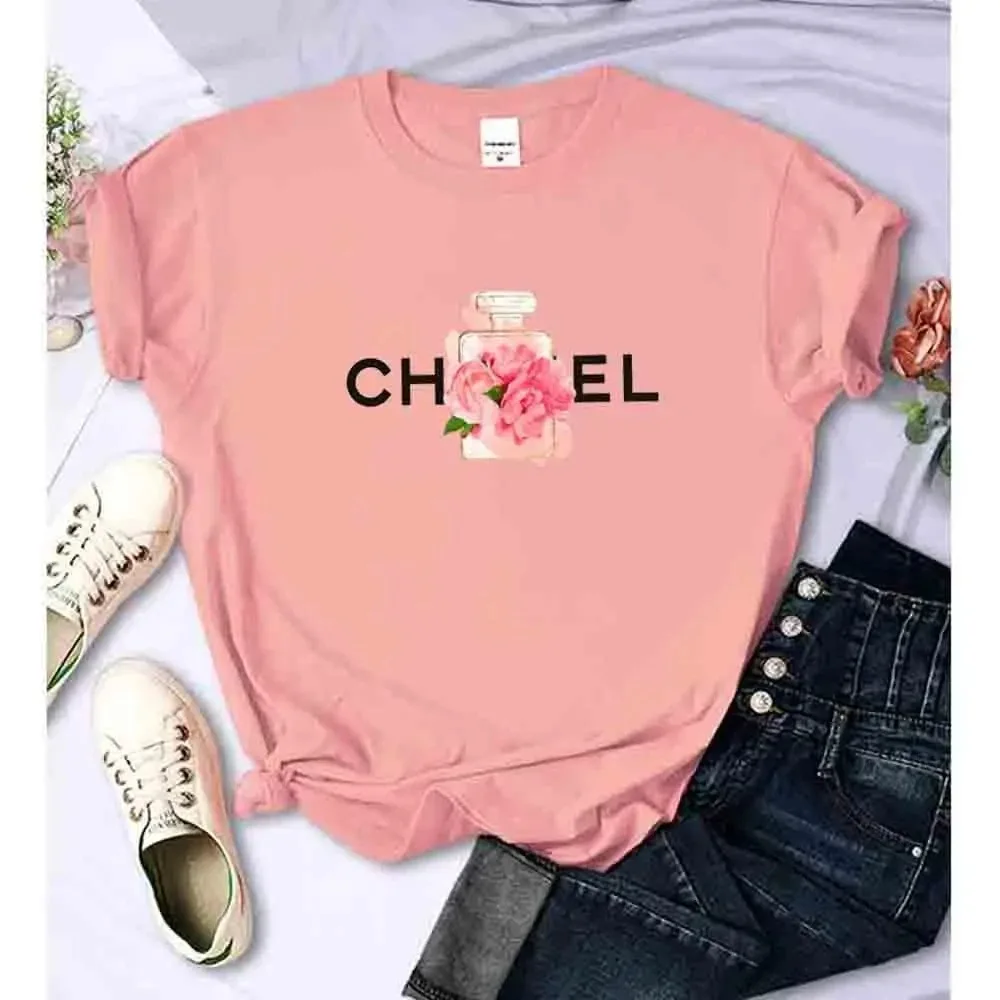 Classic Brand Alphabet Flowers Perfume Print Graphic Women T Shirt Blouse Summer Cotton Fashion   Tees Short Sleeve Tops Clothes