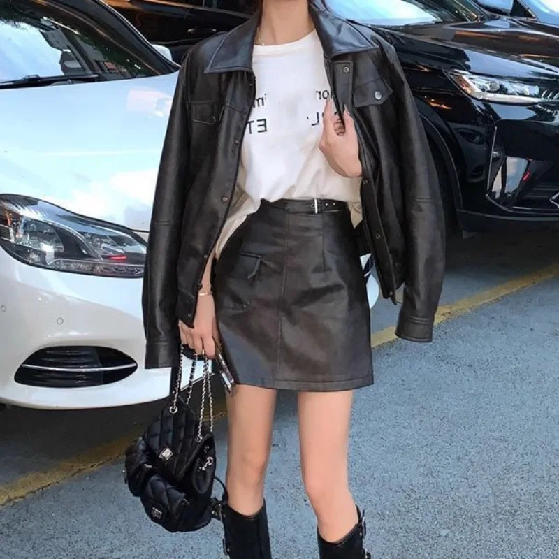 Vintage Brown Black PU Leather Jacket Coat Women and A-line Short Skirt Suits Fashion High Street Two Piece Set Female Outfits