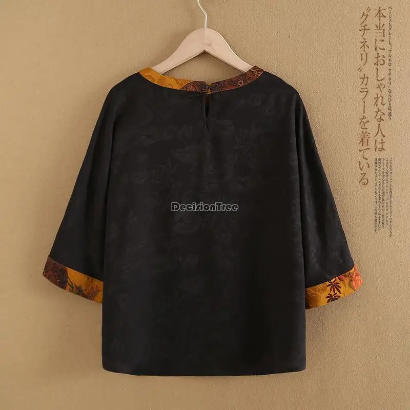 Big size improved chinese style cheongsam top women round neck half sleeve loose casual style printed tang suit blouse