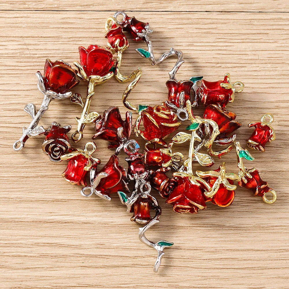Tusember 5 Stück vergoldete Rosenblüten-Anhänger, niedliche Blumen-Charm-Perlen, passend für Original-Armbänder und Ohrringe aus 925er Sterlingsilber, Bastelbedarf – Detail 3