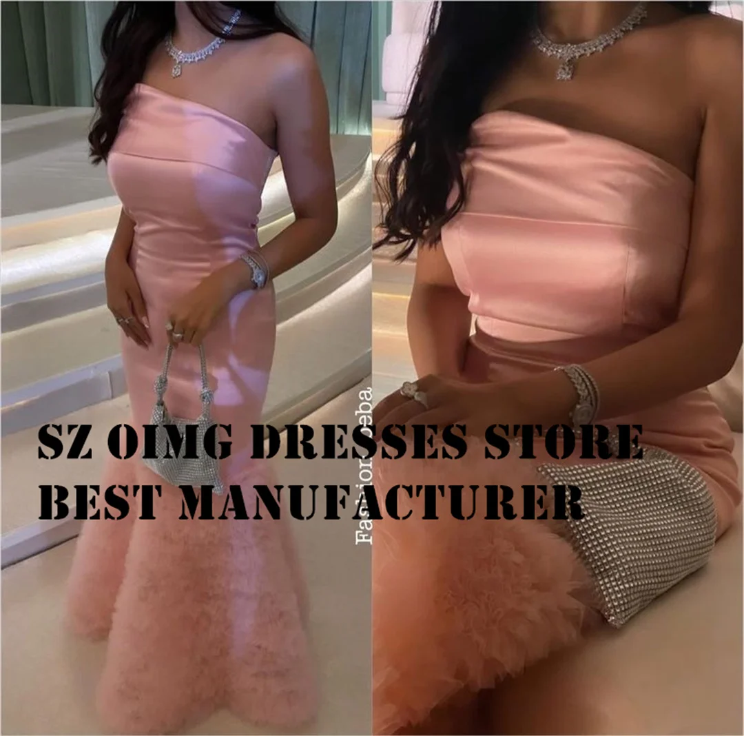 

OIMG Strapless Ruffles Prom Dresse Pink Pleated Satin Sleeves Mermaid Women Simple Evening Gowns Formal Party Dress