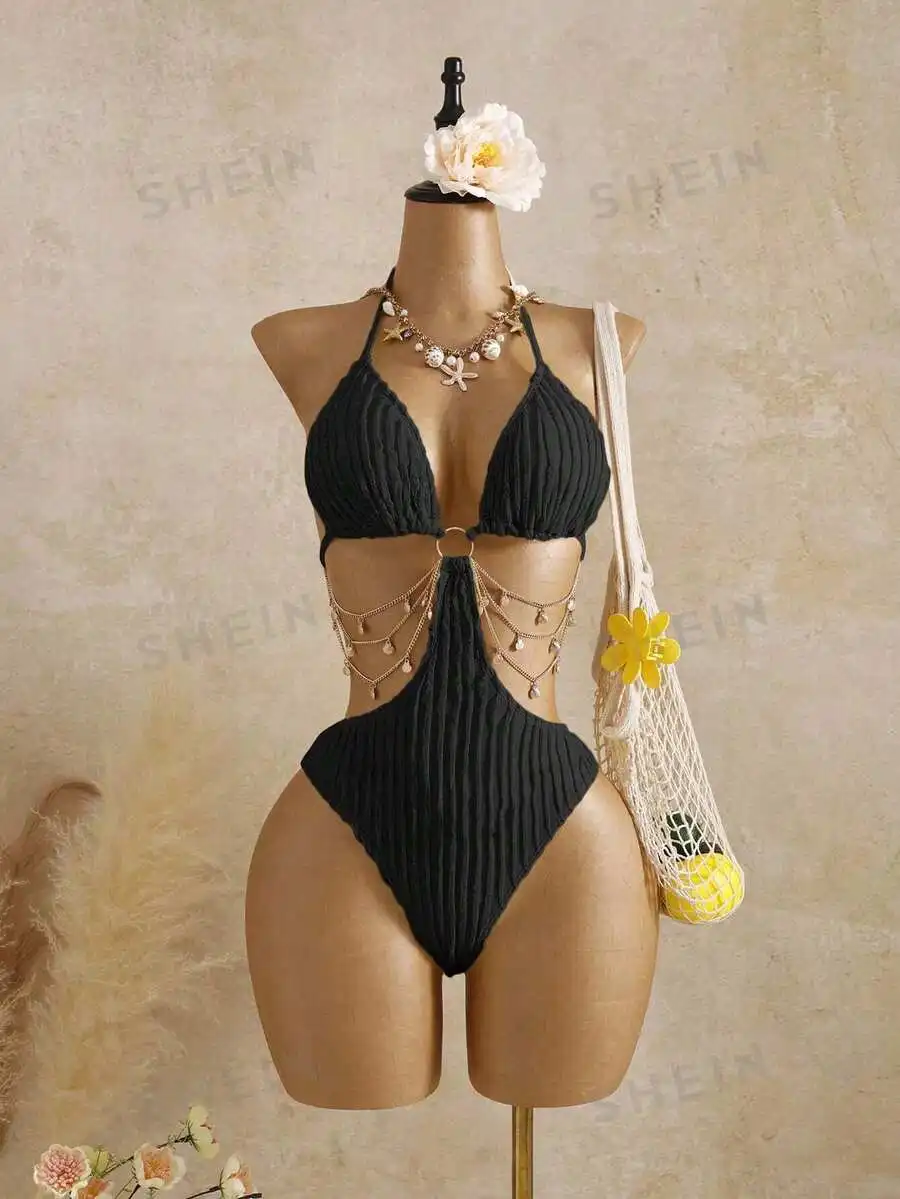 White Ribbed Cut Out Monokini With Chain Detail Halter Neck Swimsuit - view 5