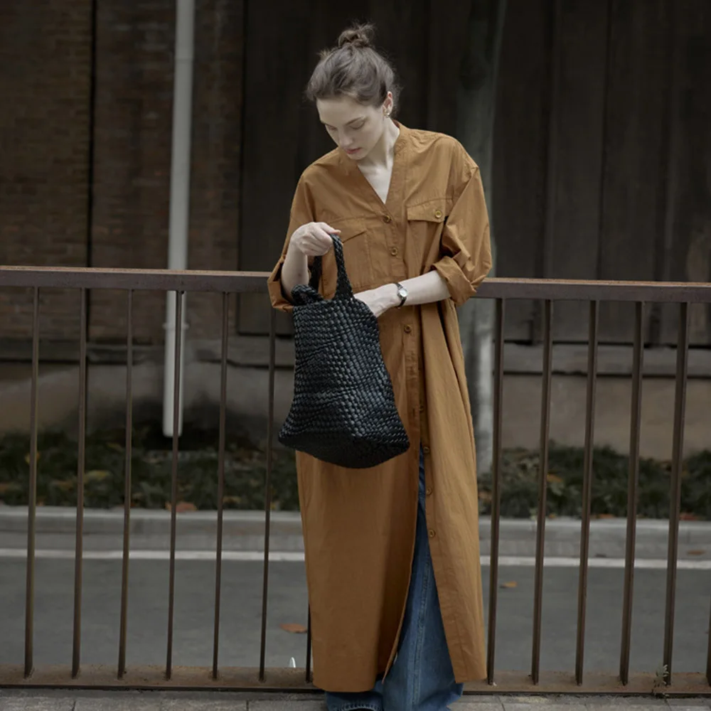 

French Retro Cotton Dress Style Trench Coat Spring Leisure Long-Sleeved Elegant Loose With High-End Look V-neck Long Shirt Dress