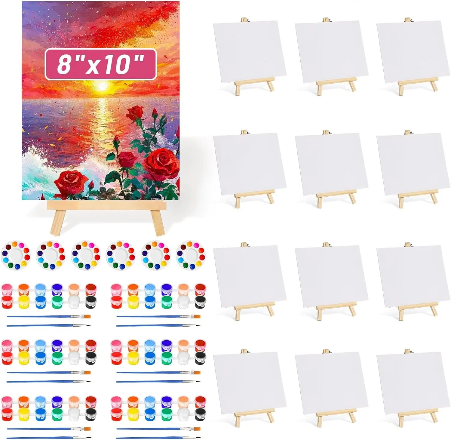 

8x10 Inch Canvas and Easel Set, 12 Pcs Art Canvas Boards Bulk with Easel Stand, Mini Acrylic Paint & Brushes Set, Sip an