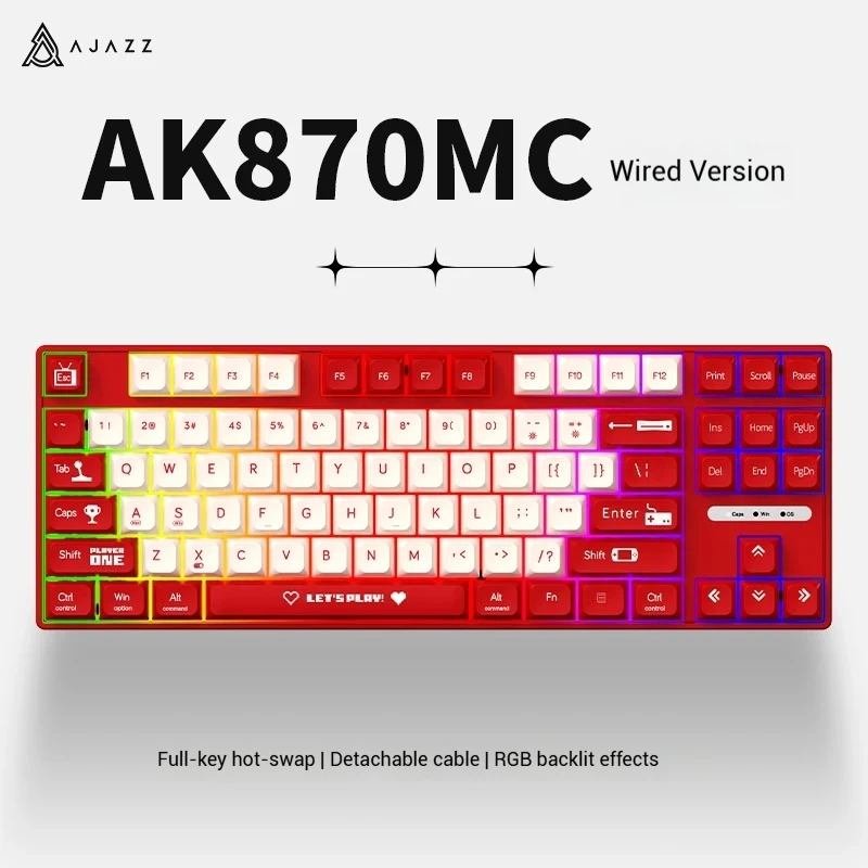 

Подлинная проводная механическая клавиатура Ajazz Ak870mc, игровая маленькая клавиатура с возможностью горячей замены, чайная ось, красная ось, 87 клавиш, фиолетовая клавиатура
