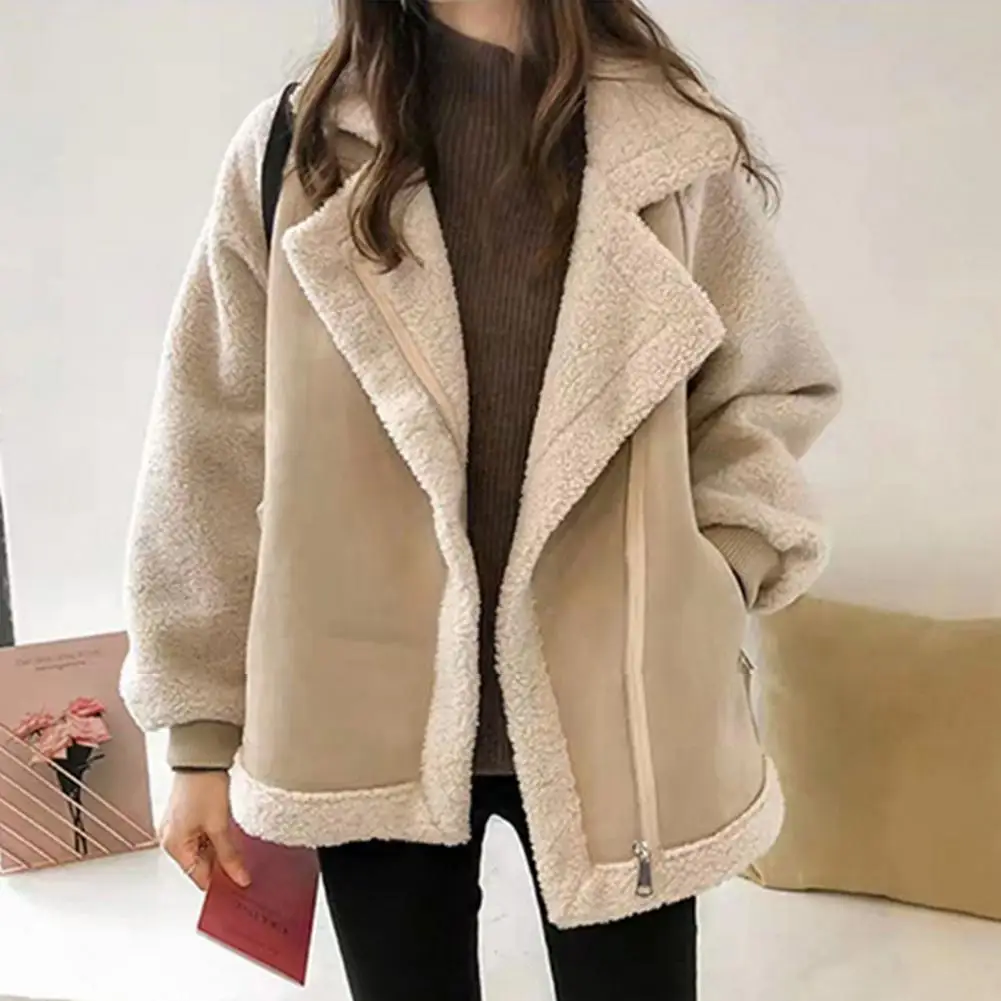 Winter Thick Coat Stylish Lambswool Windproof Coat with Zippered Pockets for Women Warm Winter Jacket with Heat Retention