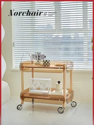 Solid wood retro sofa side table living room household trolley movable creative double-layer storage coffee table