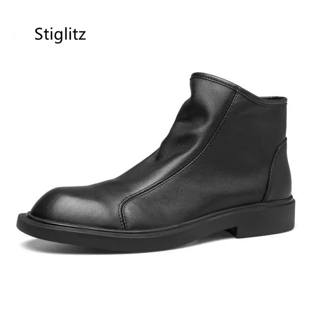 Retro British Style Men's Cowhide Ankle Boots Round Head Genuine Leather Wear -Resistant Men's Shoes High Top Chelsea Boots