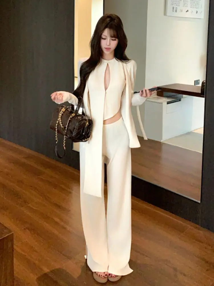 

Laid-back Texture Three-piece Set Unique Neck Hanging Wide Leg Pants Comfortable Korean Style Women's Fashion Autumn Outfit