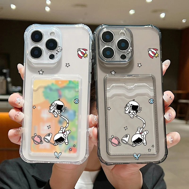 Case For iPhone 16 Pro Max Luxury Capture Lunar Astronauts Clear Silicone Card Holder Cover For iPhone 11 12 13 14 15 Pro Max