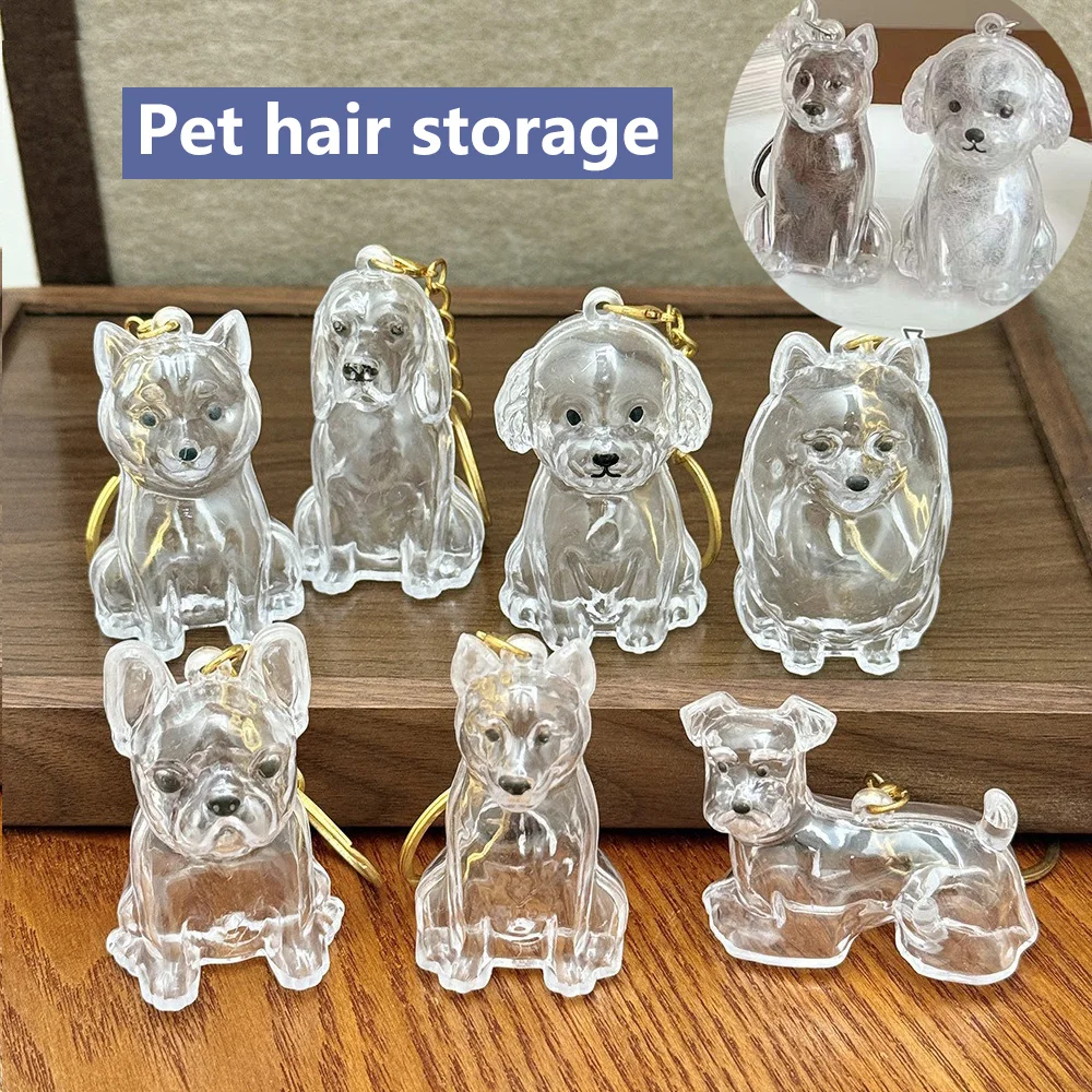 Cute Dog & Cat Hair Storage Keychain Transparent Pet Fur Collection Keepsake Portable Bag Pendant Memorial Cartoon Keyring
