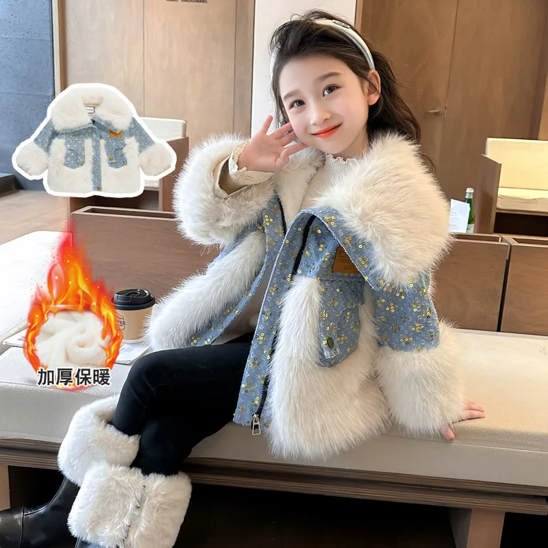 Girls Winter Coat Kids Princess Fur Coat Outerwear Parkas Teen Children Girls Thicken Warm Velvet Jacket Outfits Girls Clothes