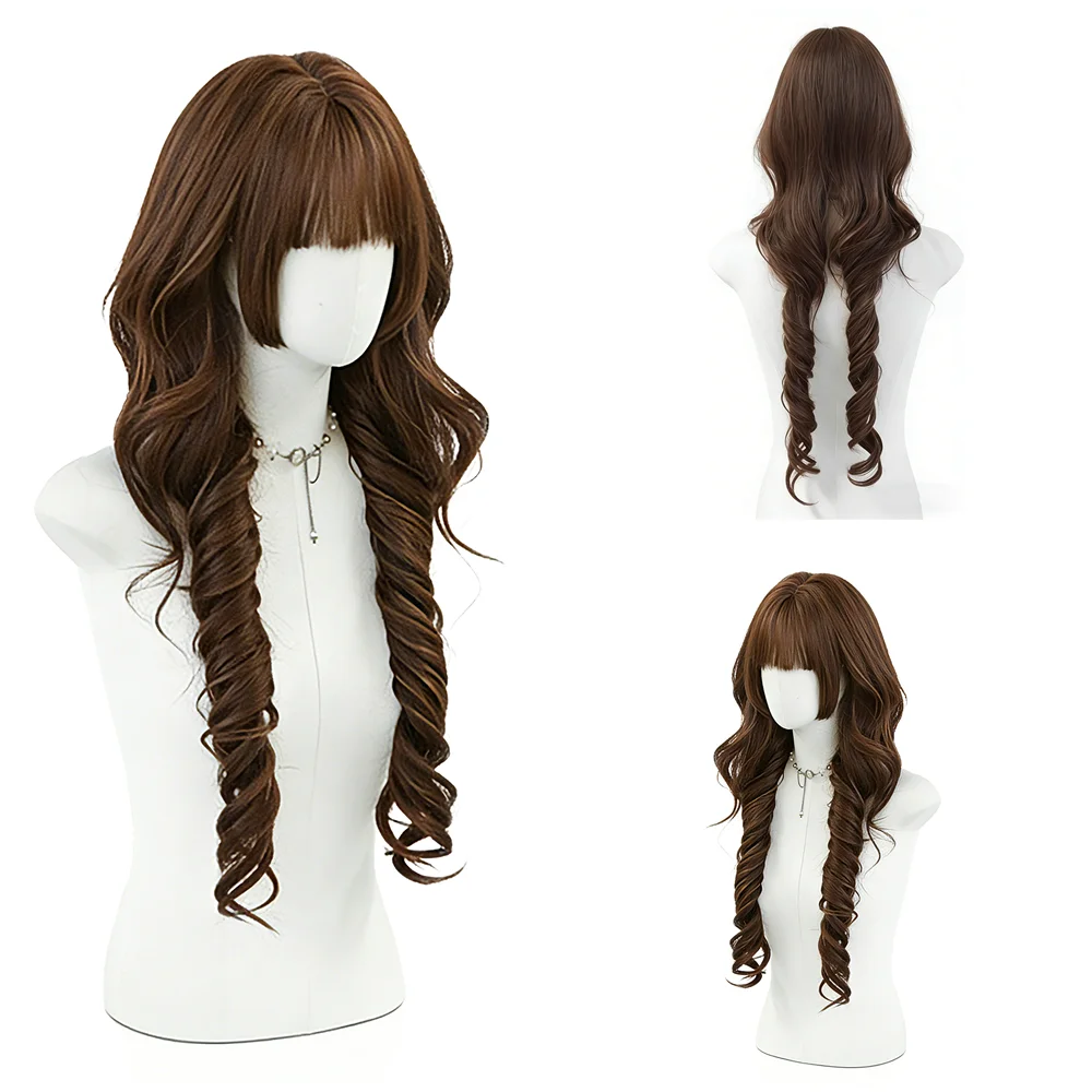 

Natural Tea Brown Long Curly Wig With Bangs For Women Soft Layered Spiral Curls Synthetic Hair For Daily Work Date Party Cosplay