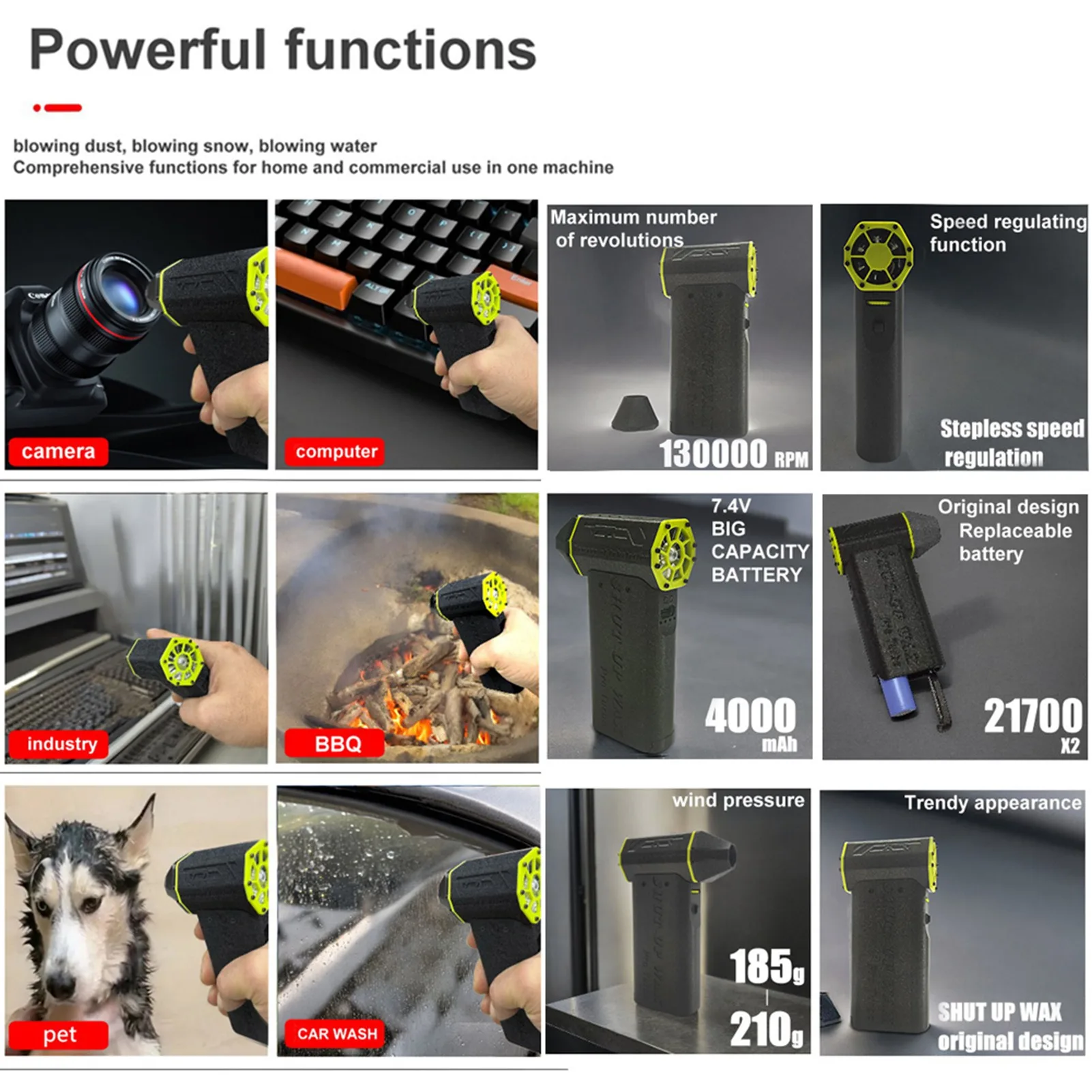 مروحة القناة مروحة نفخ 130000 دورة في الدقيقة الرياح القوية ستبليس تعديل السرعة الكهربائية اللاسلكية مروحة نفخ لتنظيف لوحة المفاتيح المنزل سيارة