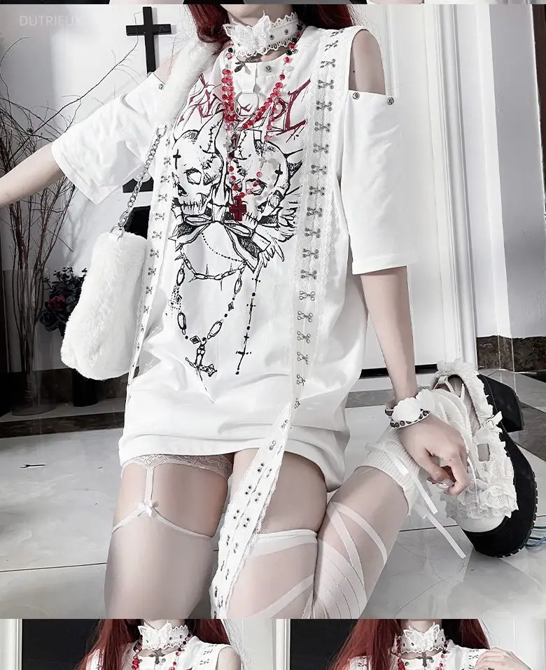 Printed Subculture Dark Loose Short Sleeved Off Shoulder T-shirts Aesthetic Camisetas Skull Tee Grunge Clothes Y2k Tshirt