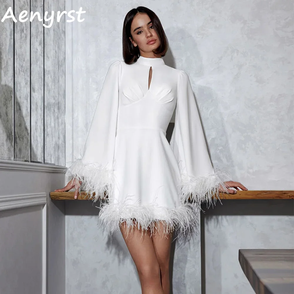 

Aenyrst Feathers Long Sleeves Mini Prom Dresses A-Line High Collar Evening Gowns Open Back Formal Dress For Day And Night Party