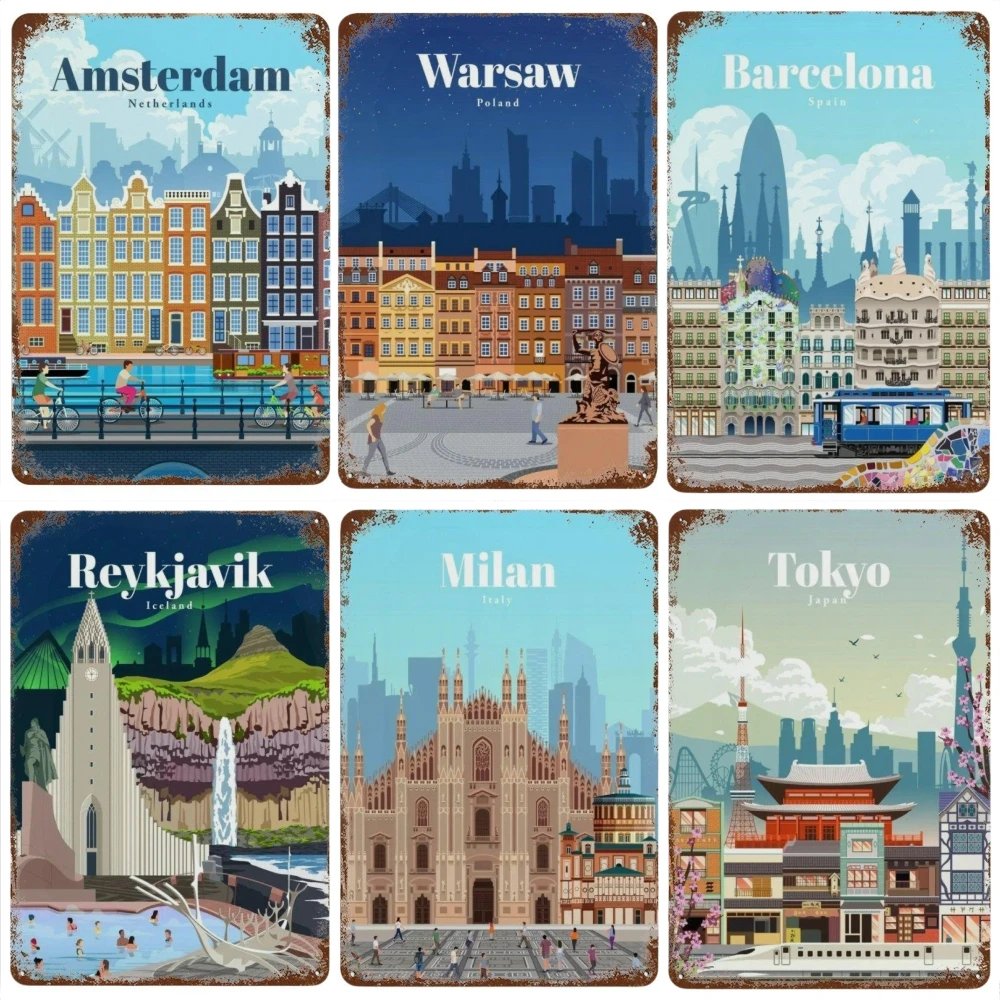 Amsterdam London Iceland Bali Travel Poster Metal Aluminum Sign Plaque Retro Plates For Club Man Cave Bar Hotel Cafe Wall Decor