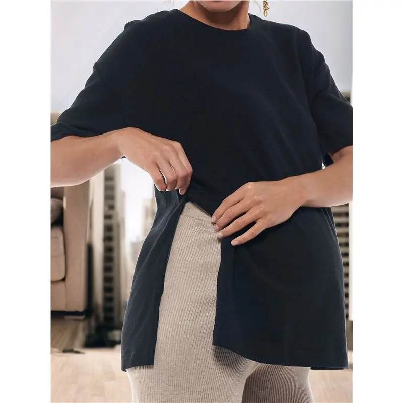 AS96-Womens Maternity Loose Fit Side Split Short Sleeve T‑Shirt Black S