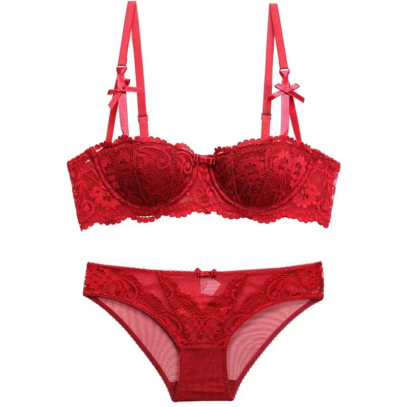 Sexy 1/2 meia xícara flor jacquard conjunto de sutiã para mulheres reunindo conjunto de sutiã estofado feminino doce lingerie renda conjunto de lingerie