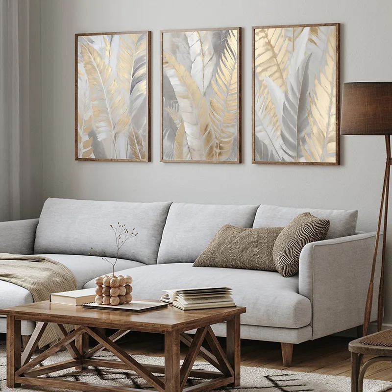Nordic Gold Feather Canvas Painting Wall Art Neutral Abstract Modern Art Poster Prints for Living Room Home Decor Mural Unframed