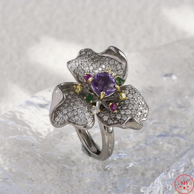 

S925 Sterling Silver Charms Rings for Women New Fashion 3D Flowers Inlaid Natural Amethyst Micro Zircon Jewelry Free Shipping