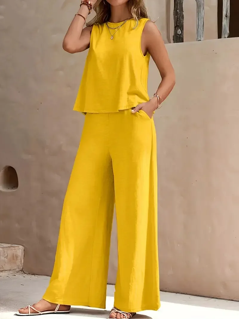 

Womens Sleeveless Summer 2025 Pants Suit Flash Sale Solid Color Elegant Two Piece Round Neck Suit