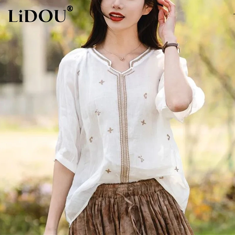 Blusa de manga corta con bordado de lino y algodón 2023 para mujer, camisa informal holgada a la moda, Estilo Vintage literario, jerséis para verano