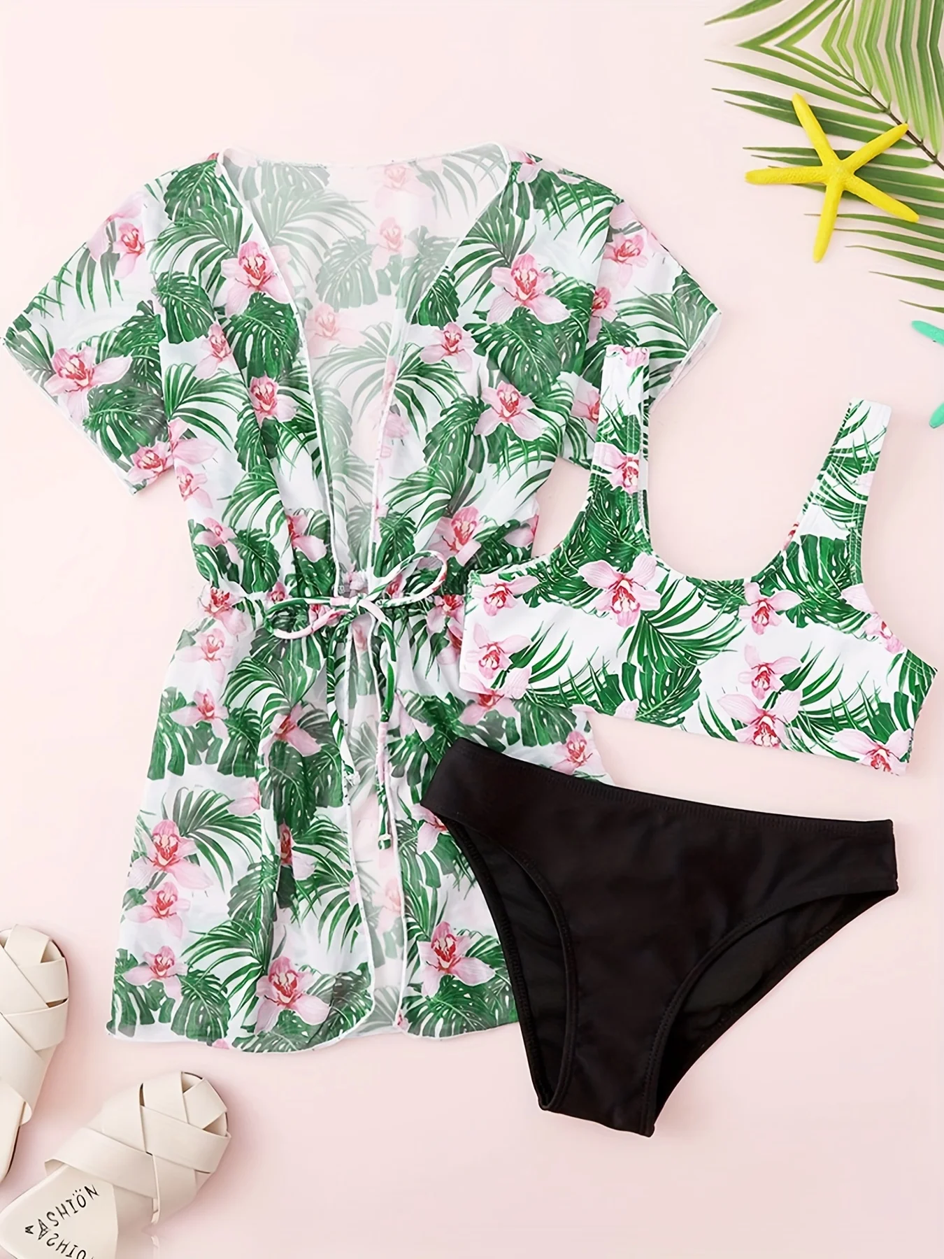 Girl'S Floral Tropical Print Cover Ups Bikini Bathing Suit with Kimono 3pcs Swimsuits For 8-12 Years Sweet